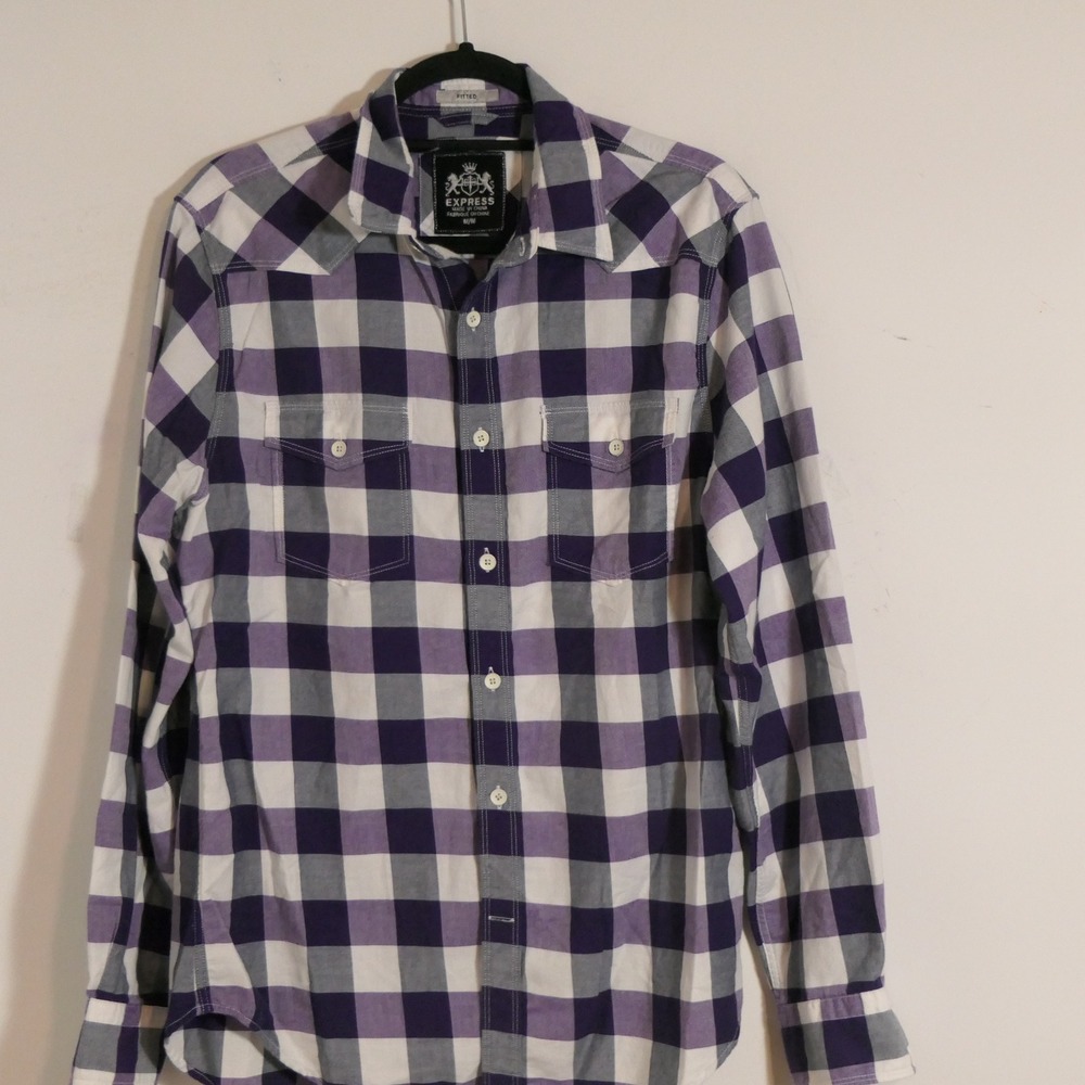 Express Women Shirt M Purple Plaid Buffalo Check Fitted Gingham Layering Preppy